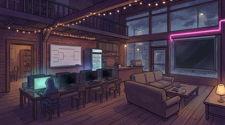 Le café Save Point, une fois la nuit tombée