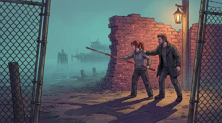Deb et Hale devant un mur qui s'effrite